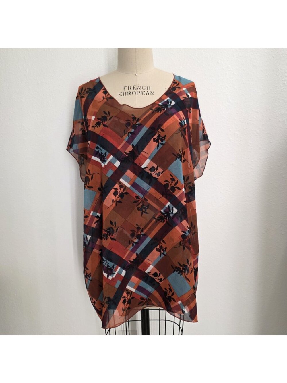 Cabi Flowy Plaid Floral Tunic Blouse – Sheer Overlay – Size M